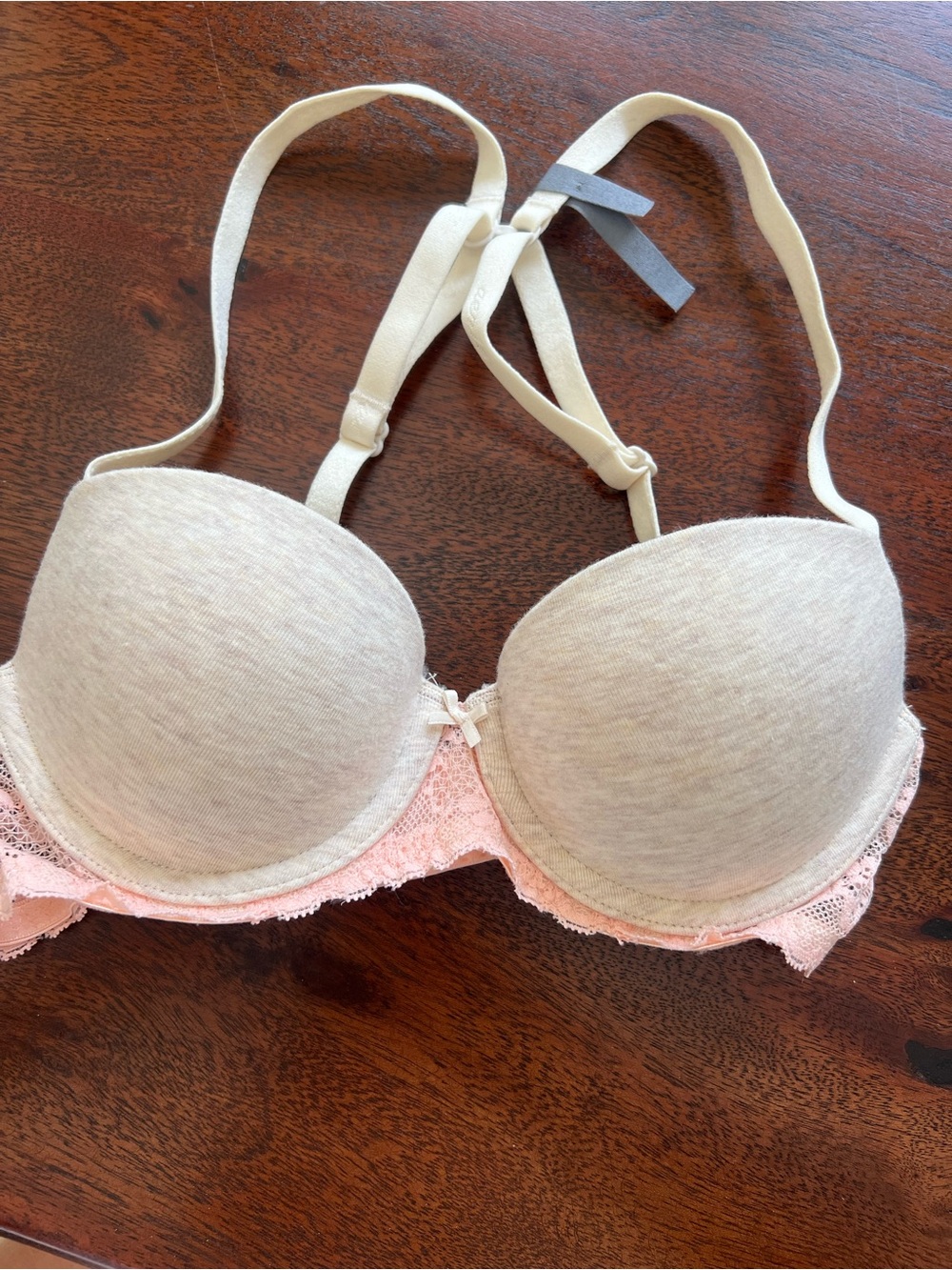aerie Blakely Light Cream heather Bra with Soft Pink Lace Trim